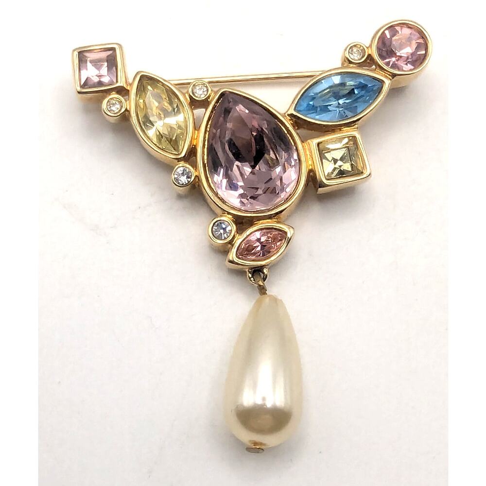 SWAROVSKI Vintage Gold Tone Pastel Crystal Faux Pearl Dangle Brooch Pin 2in - Picture 4 of 9